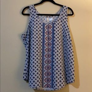 White tank top with blue and red pattern